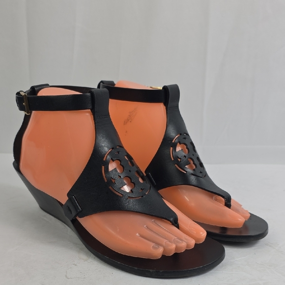 Tory Burch Zoey Black Leather Women's Wedge Sandals .